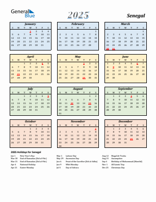Senegal current year calendar 2025 with holidays