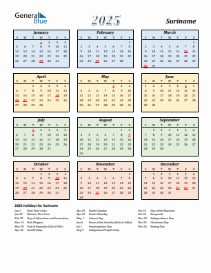 Suriname current year calendar 2025 with holidays