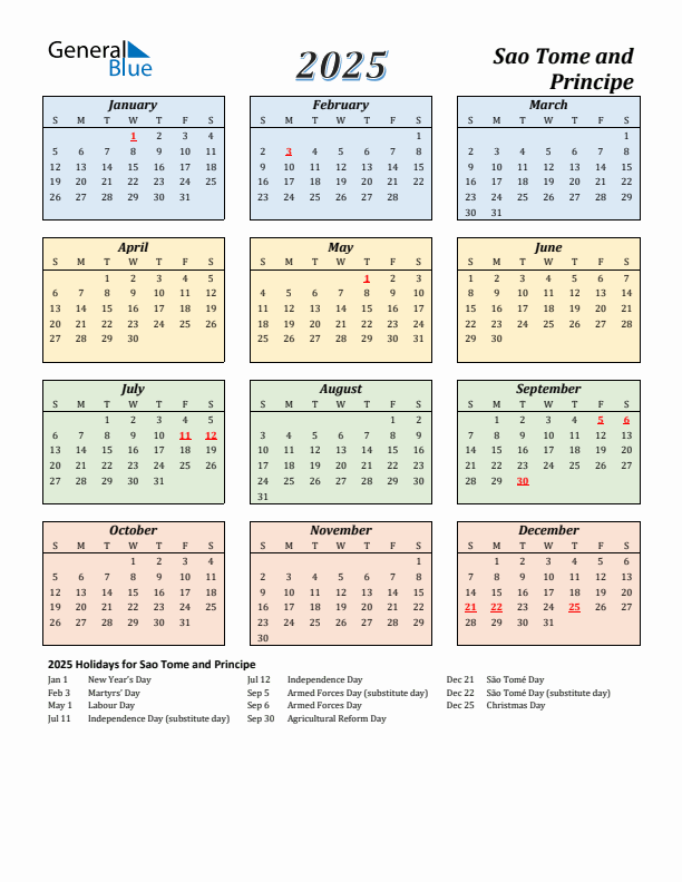 Sao Tome and Principe Calendar 2025 with Sunday Start