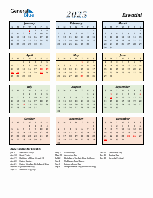 Eswatini current year calendar 2025 with holidays