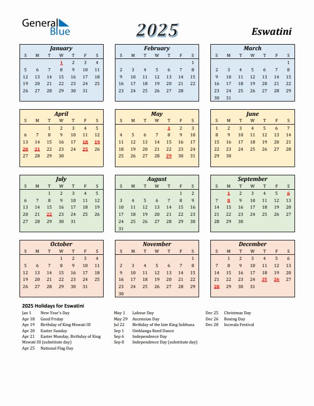 Eswatini Calendar 2025 with Sunday Start