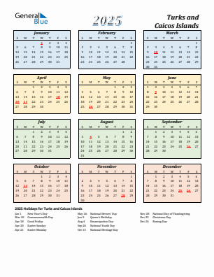 Turks and Caicos Islands current year calendar 2025 with holidays