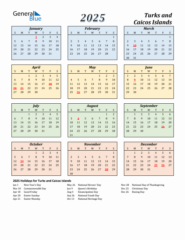 Turks and Caicos Islands Calendar 2025 with Sunday Start