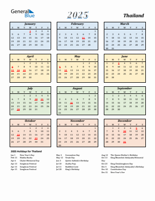 Thailand current year calendar 2025 with holidays
