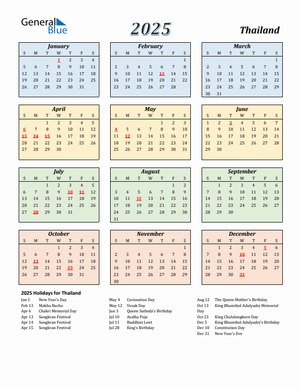 Thailand Calendar 2025 with Sunday Start