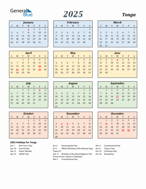 Tonga Calendar 2025 with Sunday Start