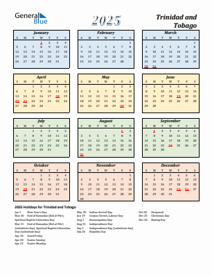 Trinidad and Tobago current year calendar 2025 with holidays