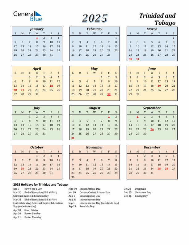 Trinidad and Tobago Calendar 2025 with Sunday Start