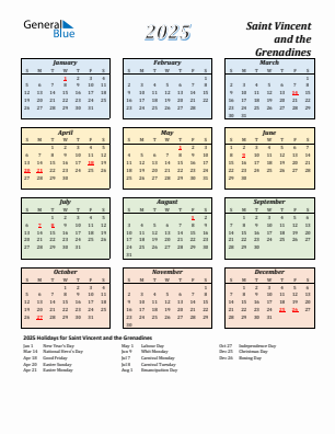 Saint Vincent and the Grenadines current year calendar 2025 with holidays