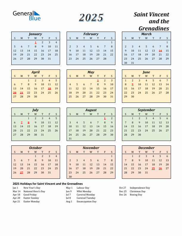 Saint Vincent and the Grenadines Calendar 2025 with Sunday Start