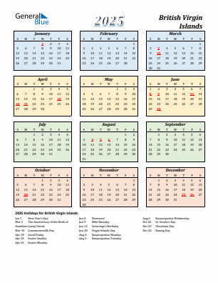 British Virgin Islands current year calendar 2025 with holidays