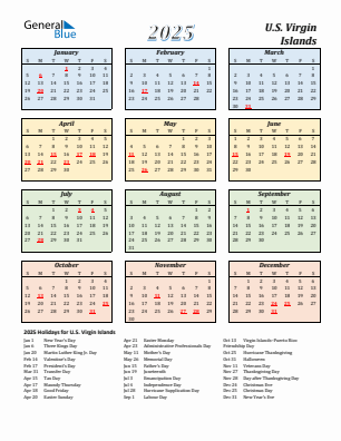 U.S. Virgin Islands current year calendar 2025 with holidays