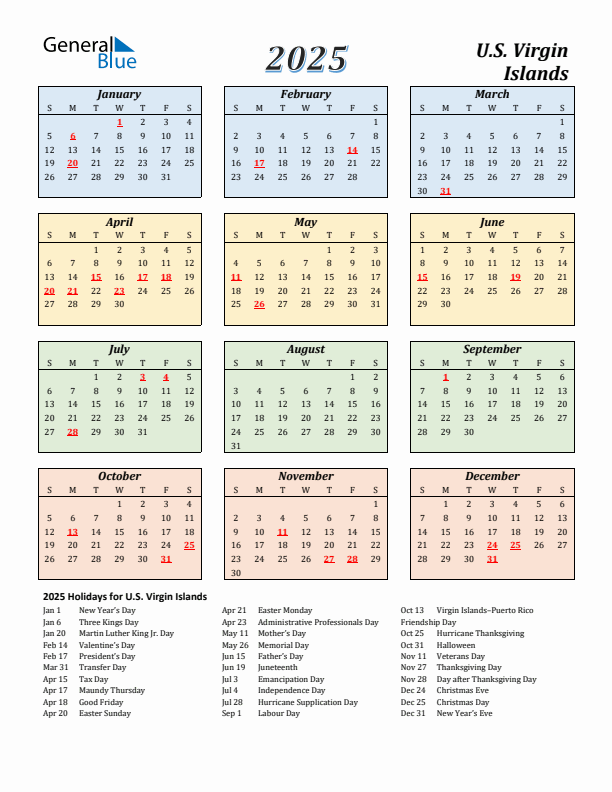 U.S. Virgin Islands Calendar 2025 with Sunday Start