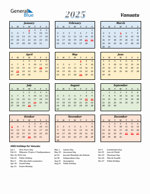 Vanuatu current year calendar 2025 with holidays