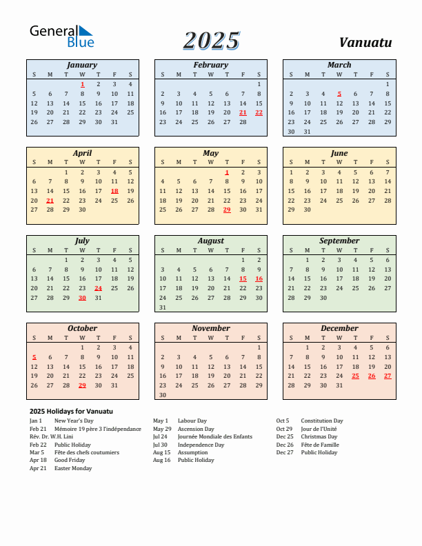 Vanuatu Calendar 2025 with Sunday Start