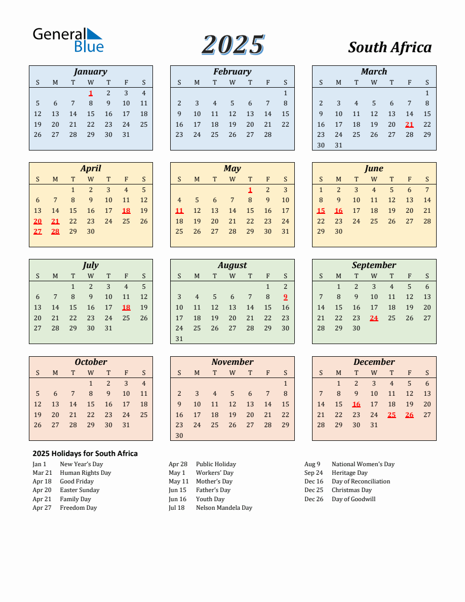 2025 South Africa Calendar