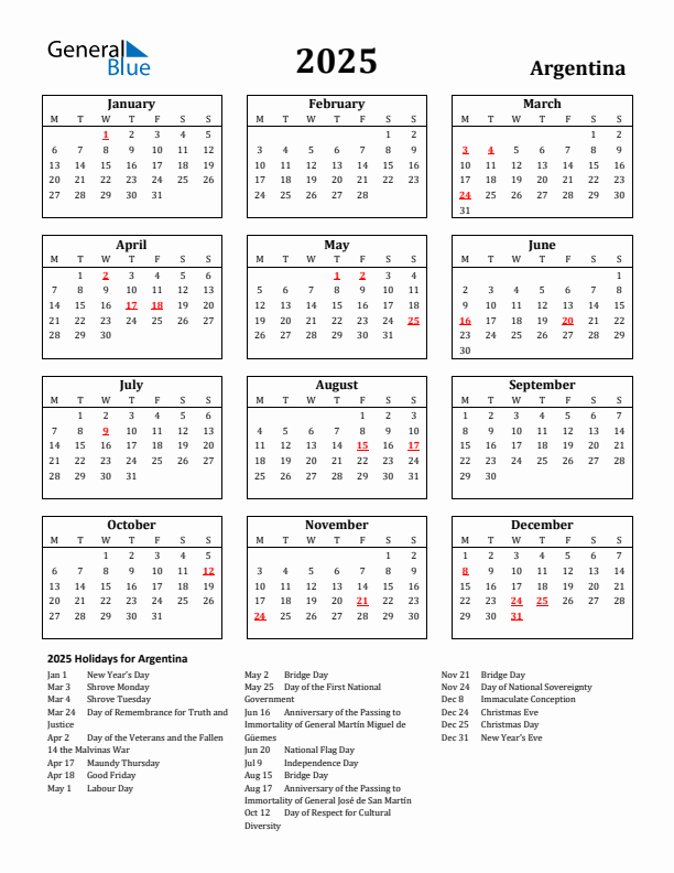 2025 Argentina Holiday Calendar - Monday Start