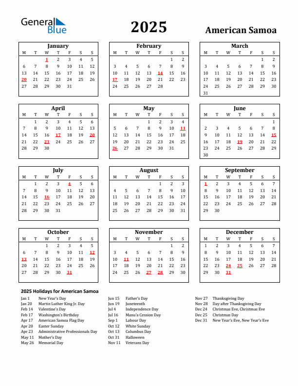 2025 American Samoa Holiday Calendar - Monday Start