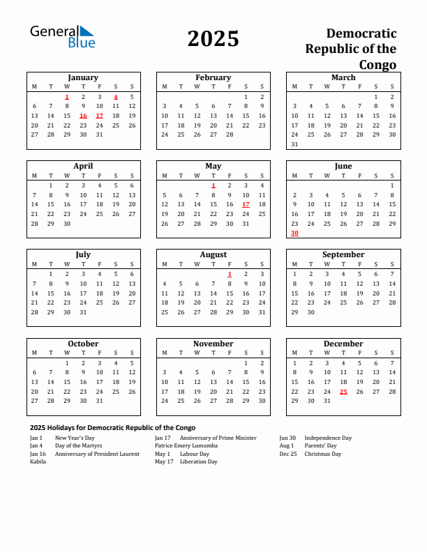 2025 Democratic Republic of the Congo Holiday Calendar - Monday Start