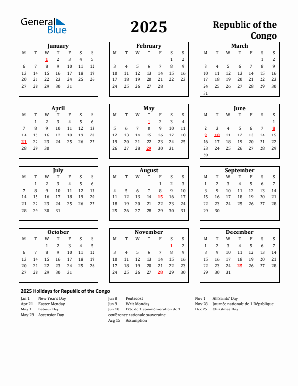 2025 Republic of the Congo Holiday Calendar - Monday Start