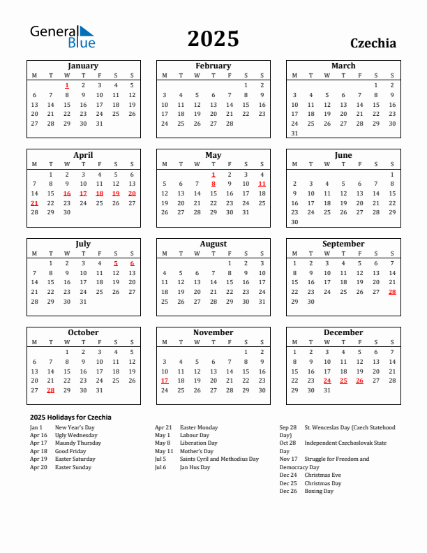 2025 Czechia Holiday Calendar - Monday Start
