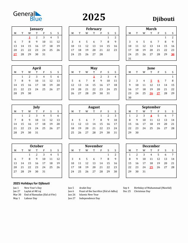 2025 Djibouti Holiday Calendar - Monday Start