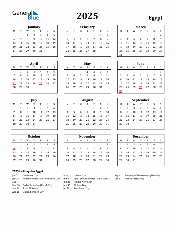 2025 Egypt Holiday Calendar - Monday Start