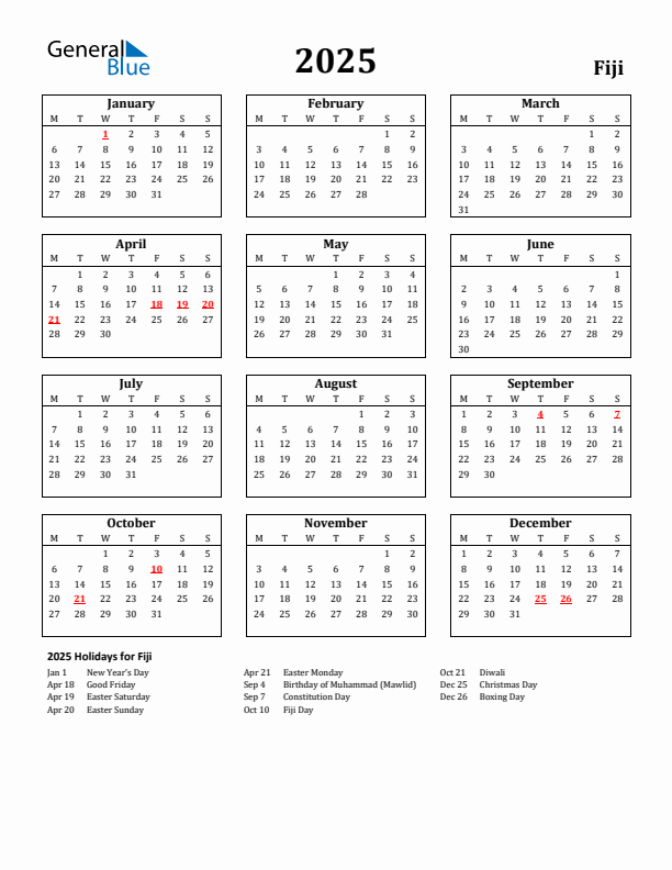 2025 Fiji Holiday Calendar - Monday Start