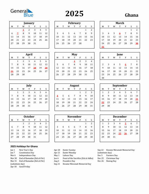 2025 Ghana Holiday Calendar - Monday Start