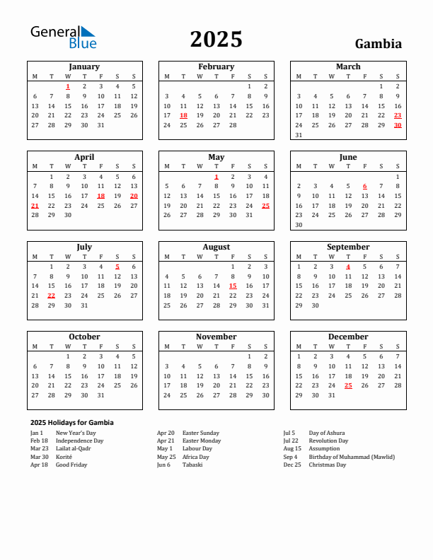 2025 Gambia Holiday Calendar - Monday Start