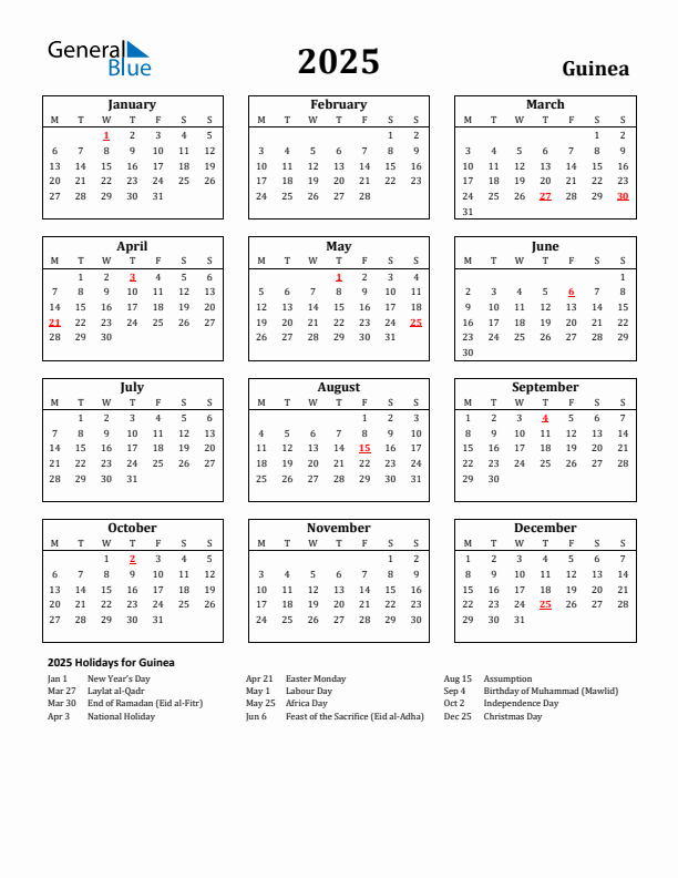 2025 Guinea Holiday Calendar - Monday Start