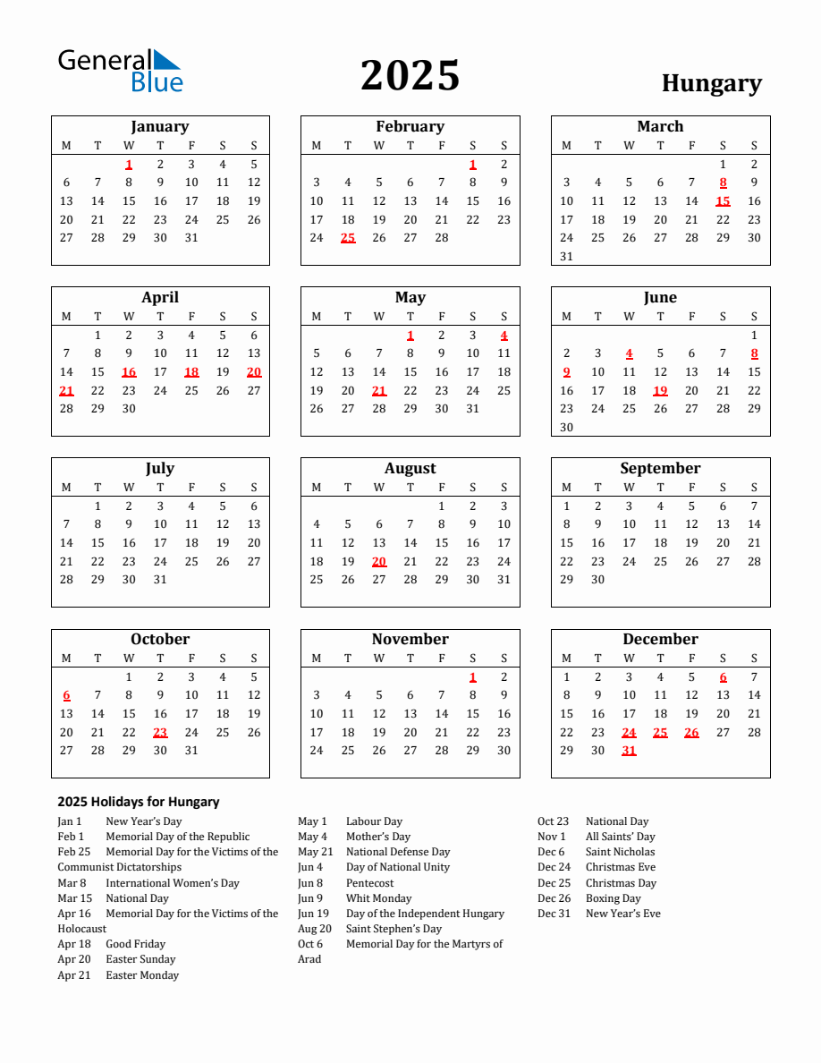 Free Printable 2025 Hungary Holiday Calendar - Monday Start