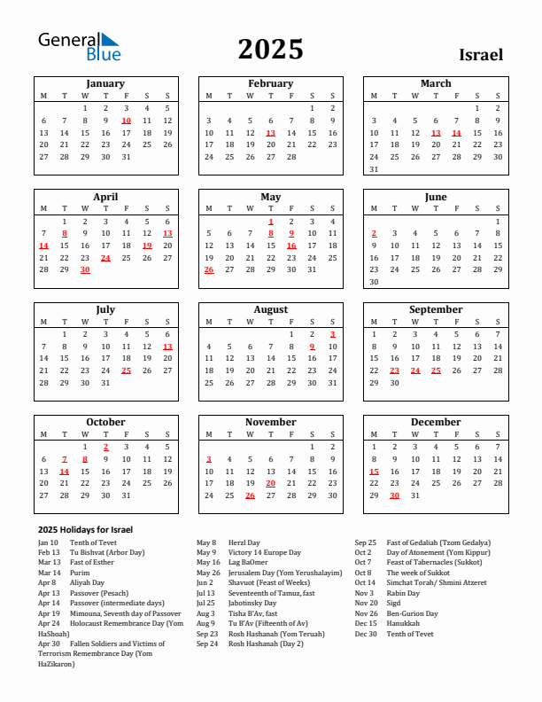 2025 Israel Holiday Calendar - Monday Start