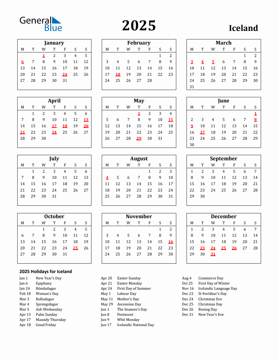 Free Printable 2025 Iceland Holiday Calendar - Monday Start