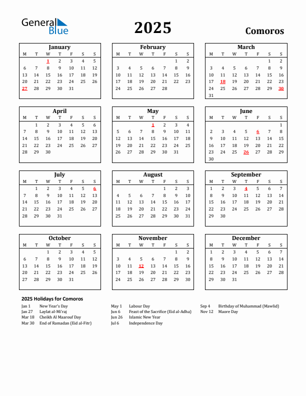 2025 Comoros Holiday Calendar - Monday Start