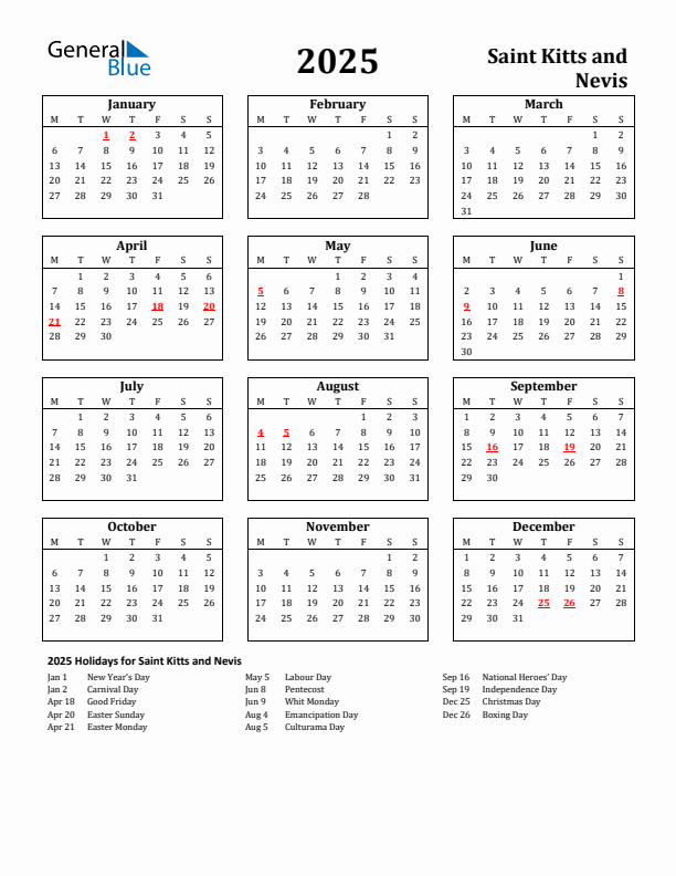 2025 Saint Kitts and Nevis Holiday Calendar - Monday Start