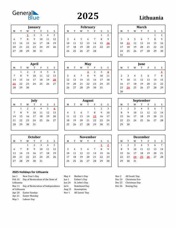 2025 Lithuania Holiday Calendar - Monday Start