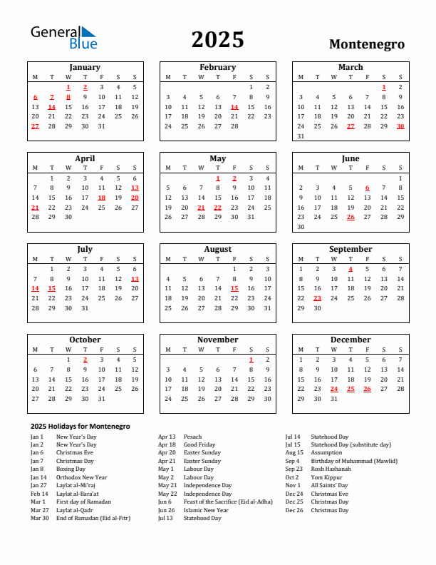 2025 Montenegro Holiday Calendar - Monday Start