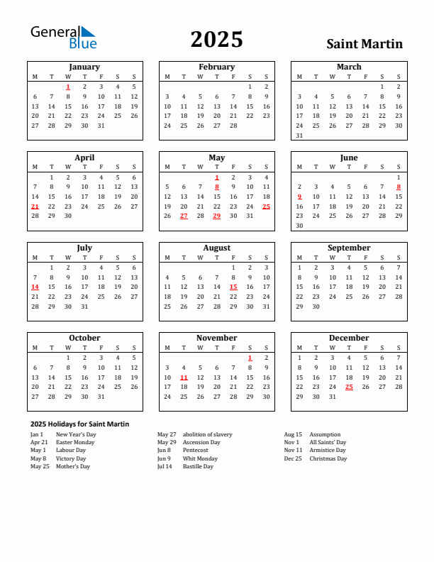 2025 Saint Martin Holiday Calendar - Monday Start