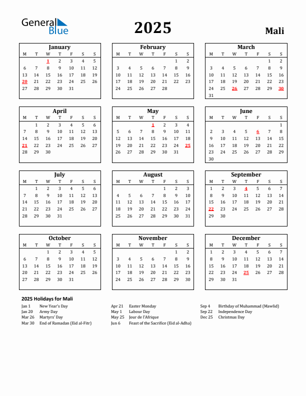 2025 Mali Holiday Calendar - Monday Start