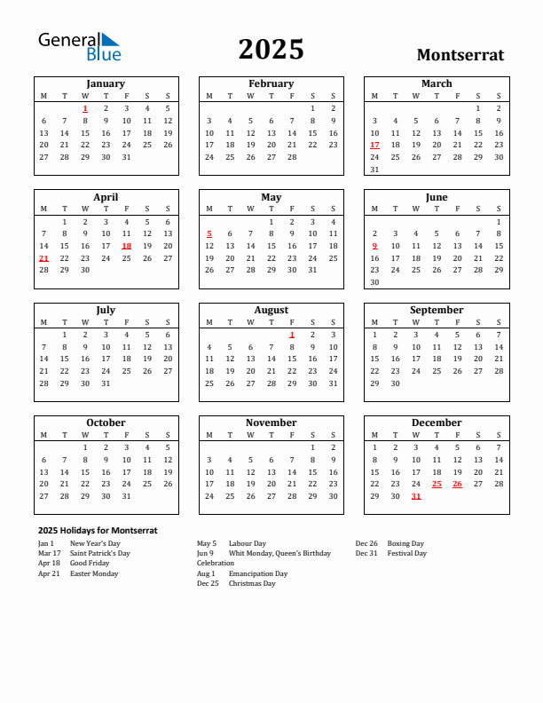 2025 Montserrat Holiday Calendar - Monday Start