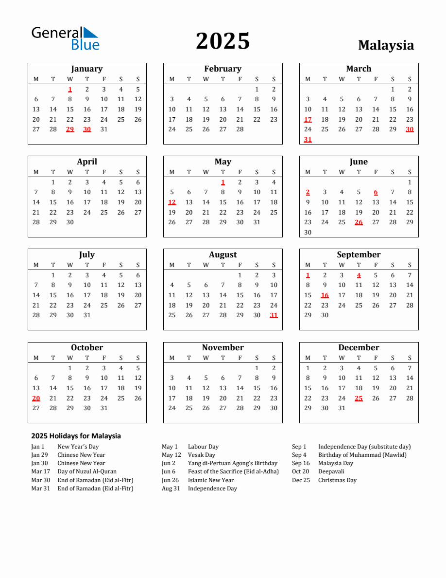 Free Printable 2025 Malaysia Holiday Calendar - Monday Start