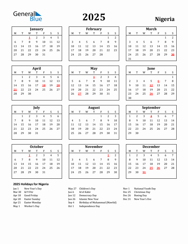 2025 Nigeria Holiday Calendar - Monday Start