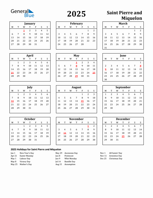2025 Saint Pierre and Miquelon Holiday Calendar - Monday Start