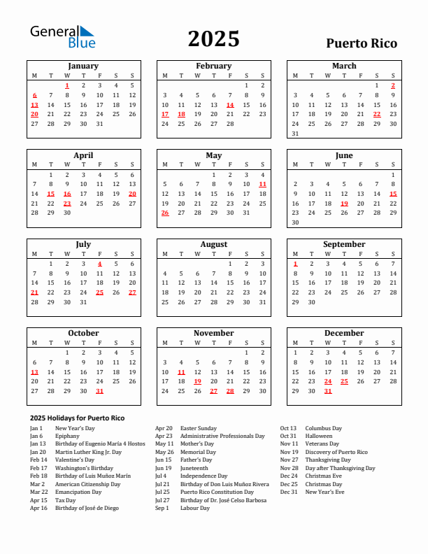 2025 Puerto Rico Holiday Calendar - Monday Start