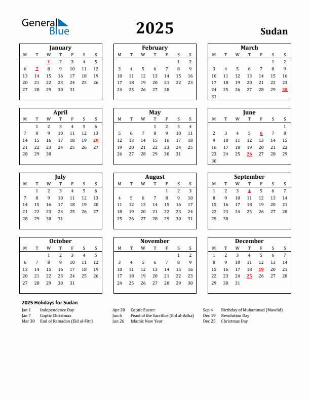 2025 Sudan Holiday Calendar - Monday Start