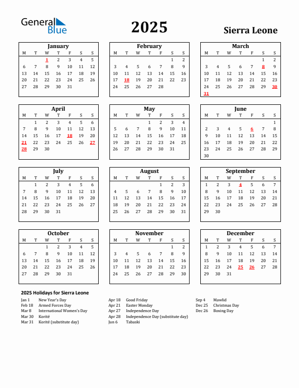 2025 Sierra Leone Holiday Calendar - Monday Start