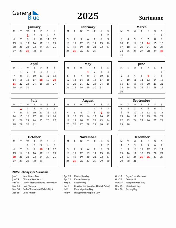 2025 Suriname Holiday Calendar - Monday Start