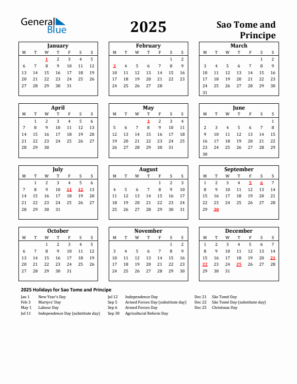 2025 Sao Tome and Principe Holiday Calendar - Monday Start