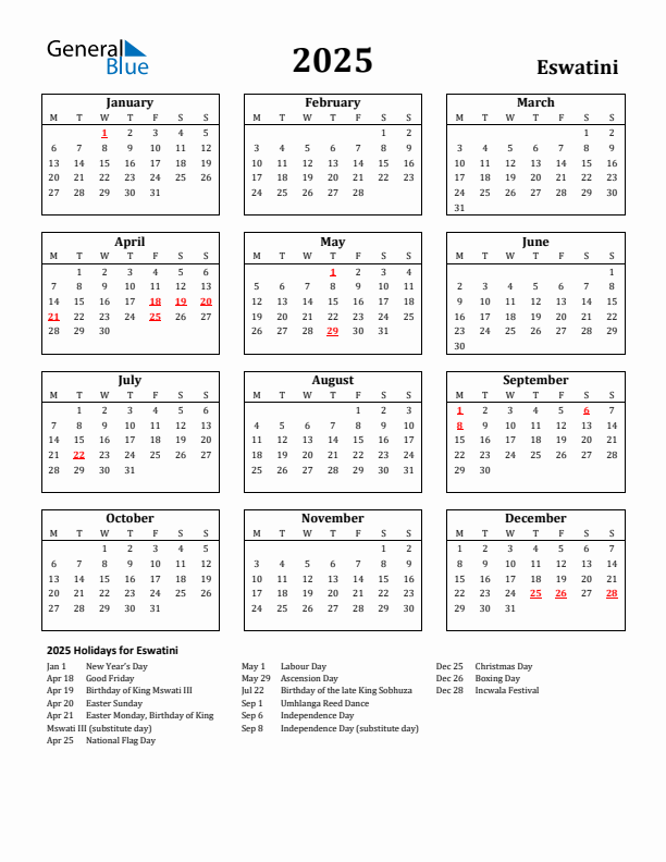 2025 Eswatini Holiday Calendar - Monday Start